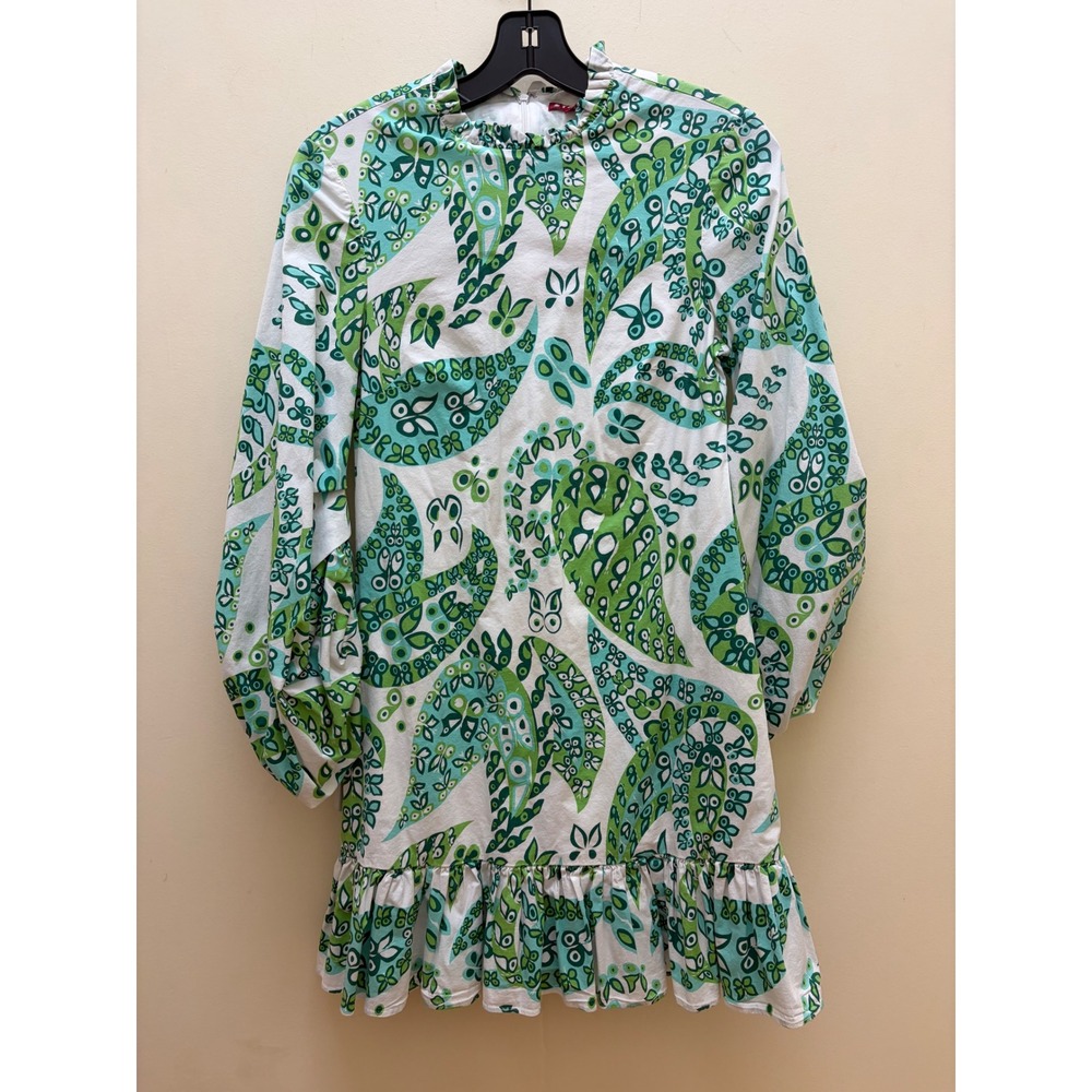 STAUD Green Teal Paisley Butterfly Print Ruffle Mini Dress Size 0 Long Sleeve